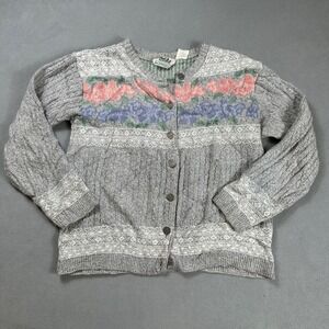 Vintage Northern Reflections Cardigan Sweater M Floral Knit Grey Made in Canada